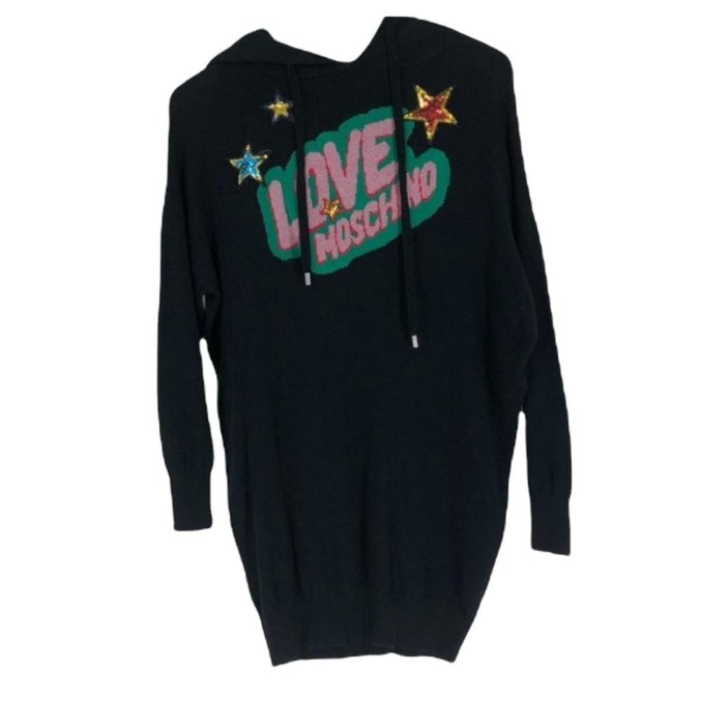 Love Moschino black pink and green graphic hoodie sweatshirt dress